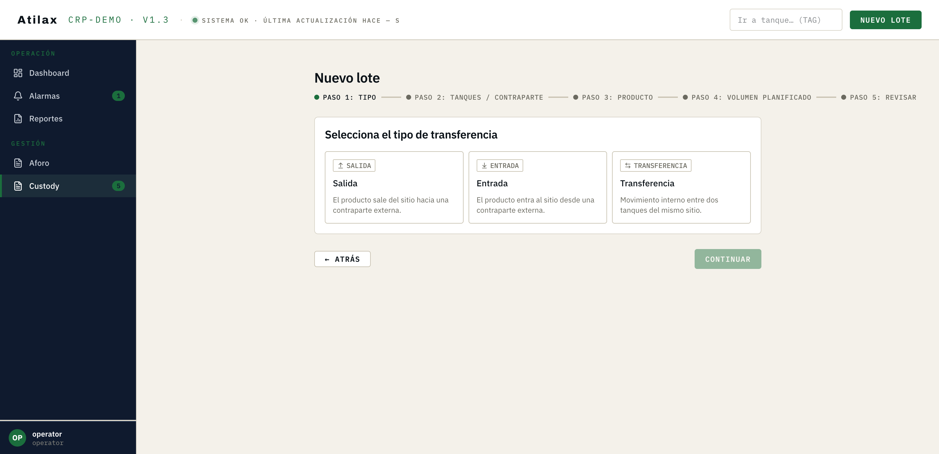 Wizard de nuevo lote — Paso 1: Tipo de operación