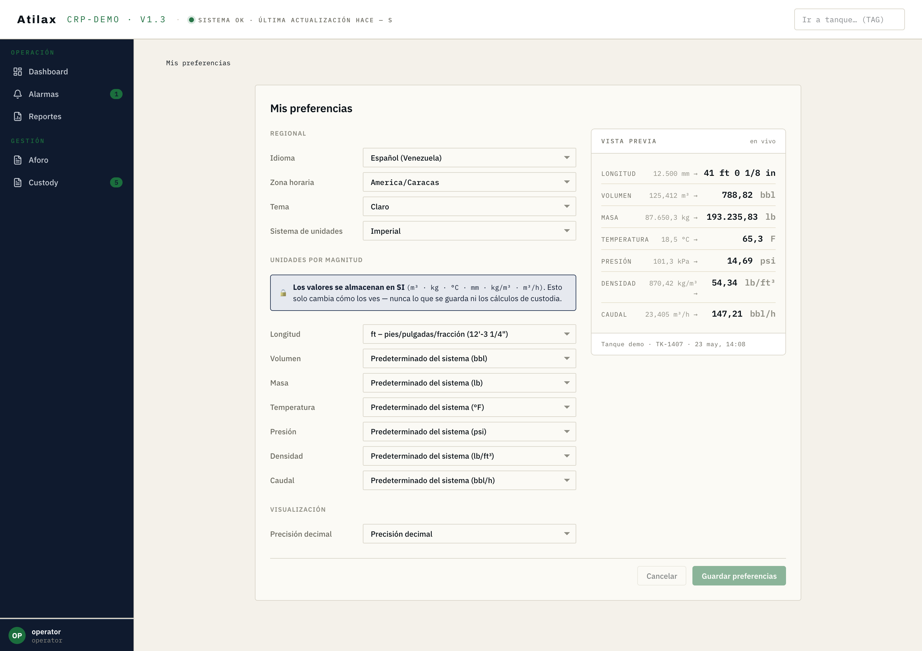 Preferencias de unidades con live preview